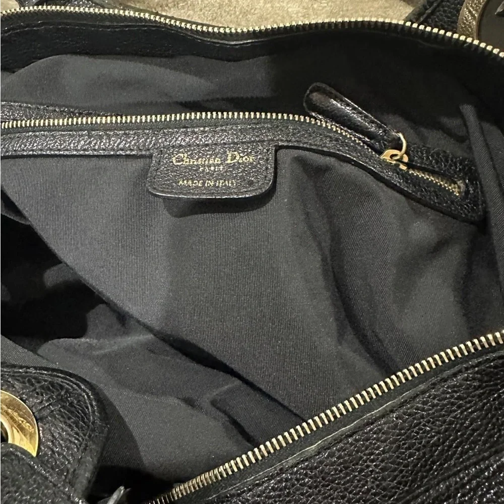 VINTAGE Christian Dior Black and Gold Shoulder Bag with Textured Leather